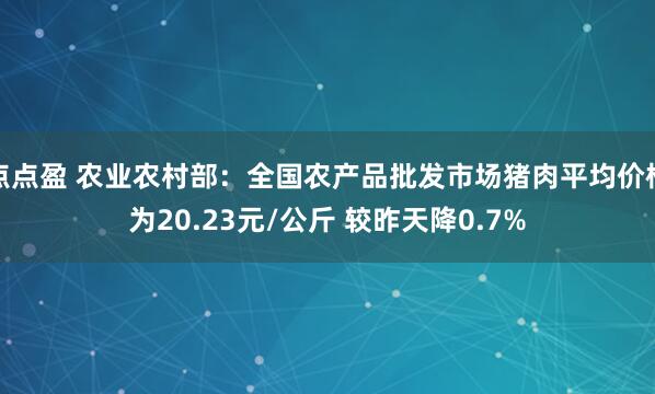 点点盈 农业农村部：全国农产品批发市场猪肉平均价格为20.23元/公斤 较昨天降0.7%