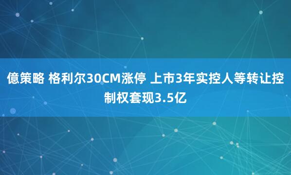 億策略 格利尔30CM涨停 上市3年实控人等转让控制权套现3.5亿